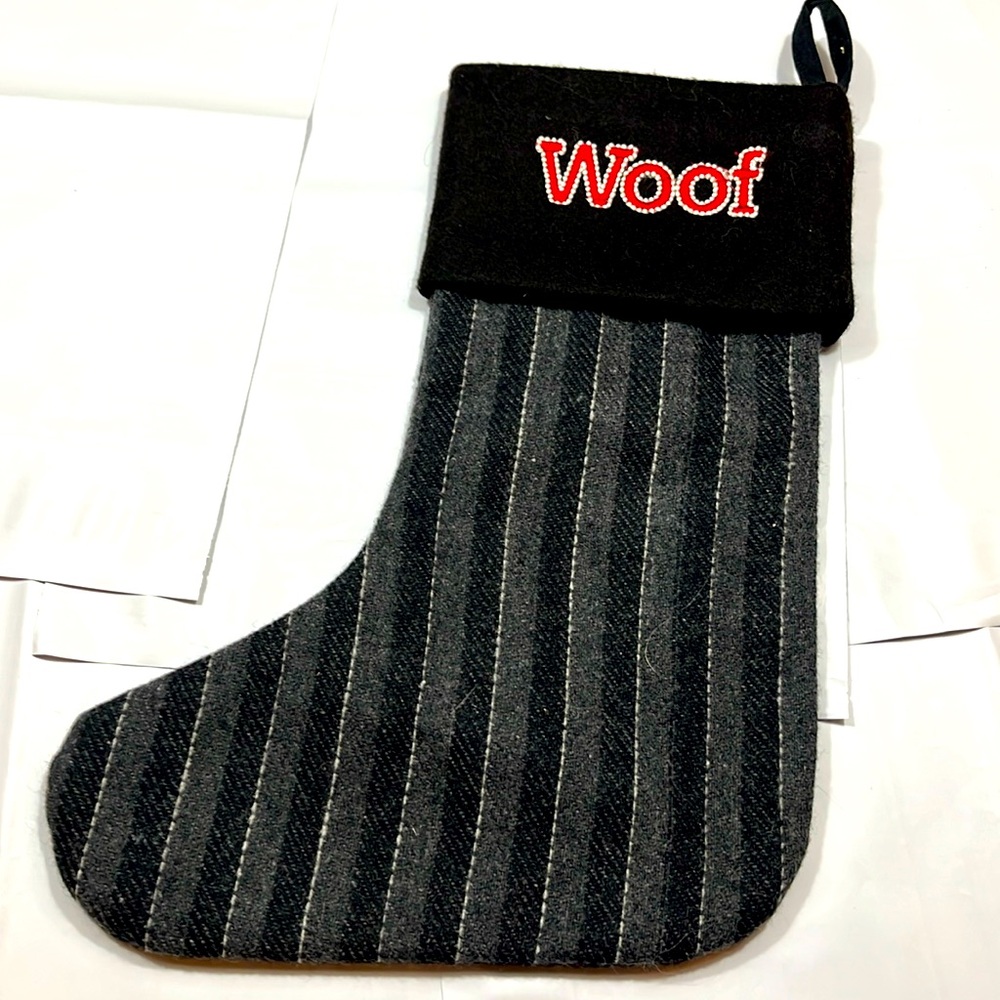 WOOF embroidery Puppy Dog PET black gray striped wool Holiday Christmas stocking